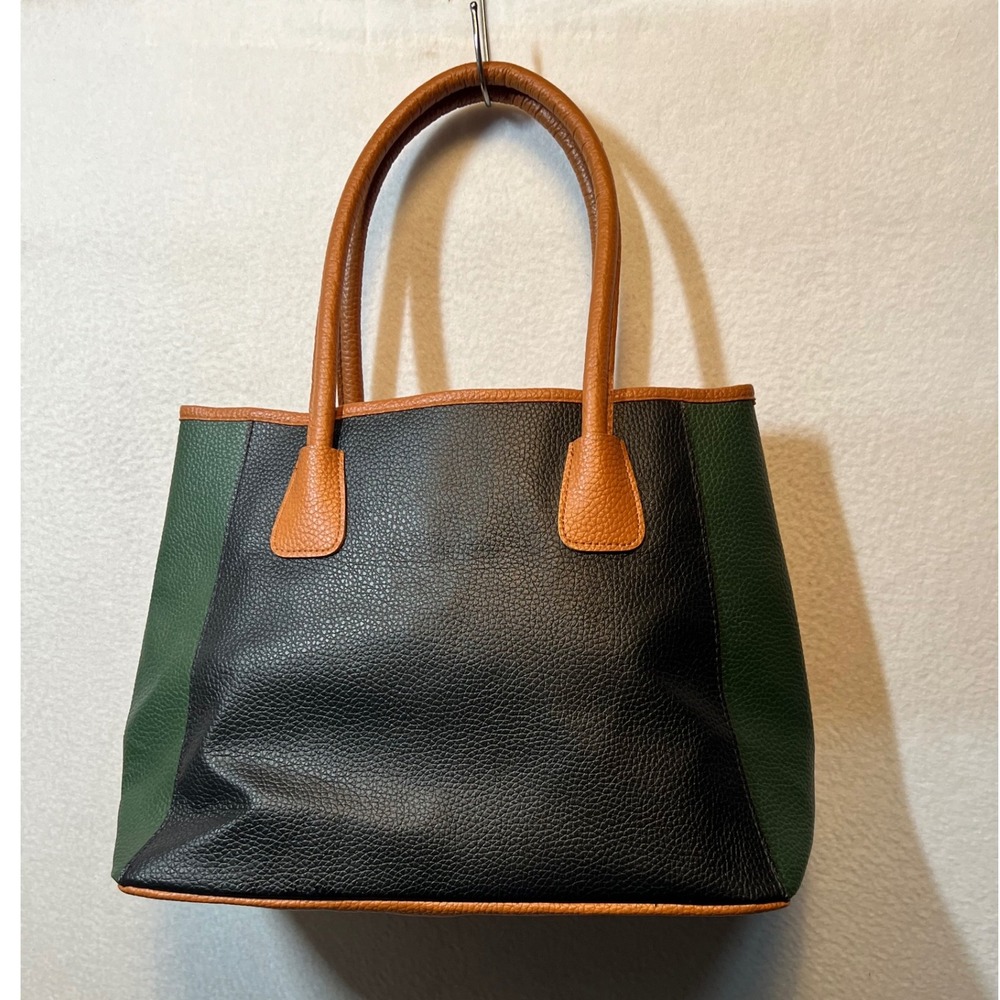 Neiman Marcus‎ Colorblock Tote Bag Brown Black Green Faux Leather Top Handle - Picture 2 of 9